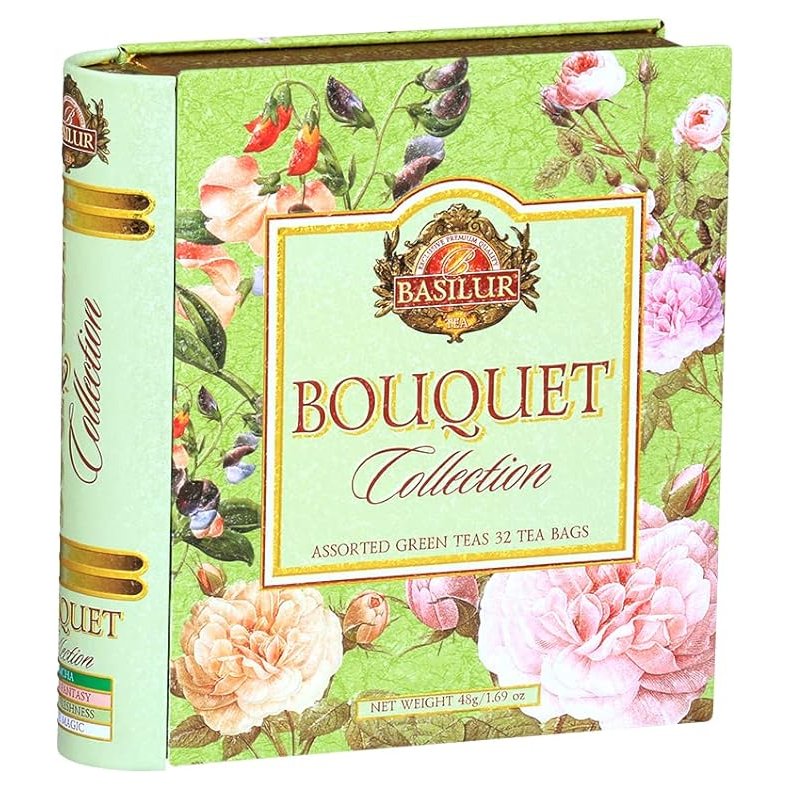 70332-Tebog metal Bouquet med 32 x 1,5 gr tebreve, grn te med forskellig smag